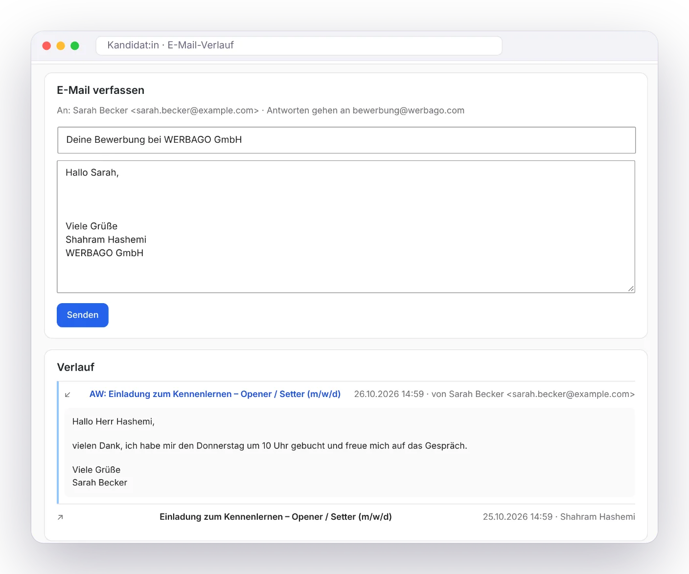 Kandidatenprofil mit E-Mail-Verlauf
