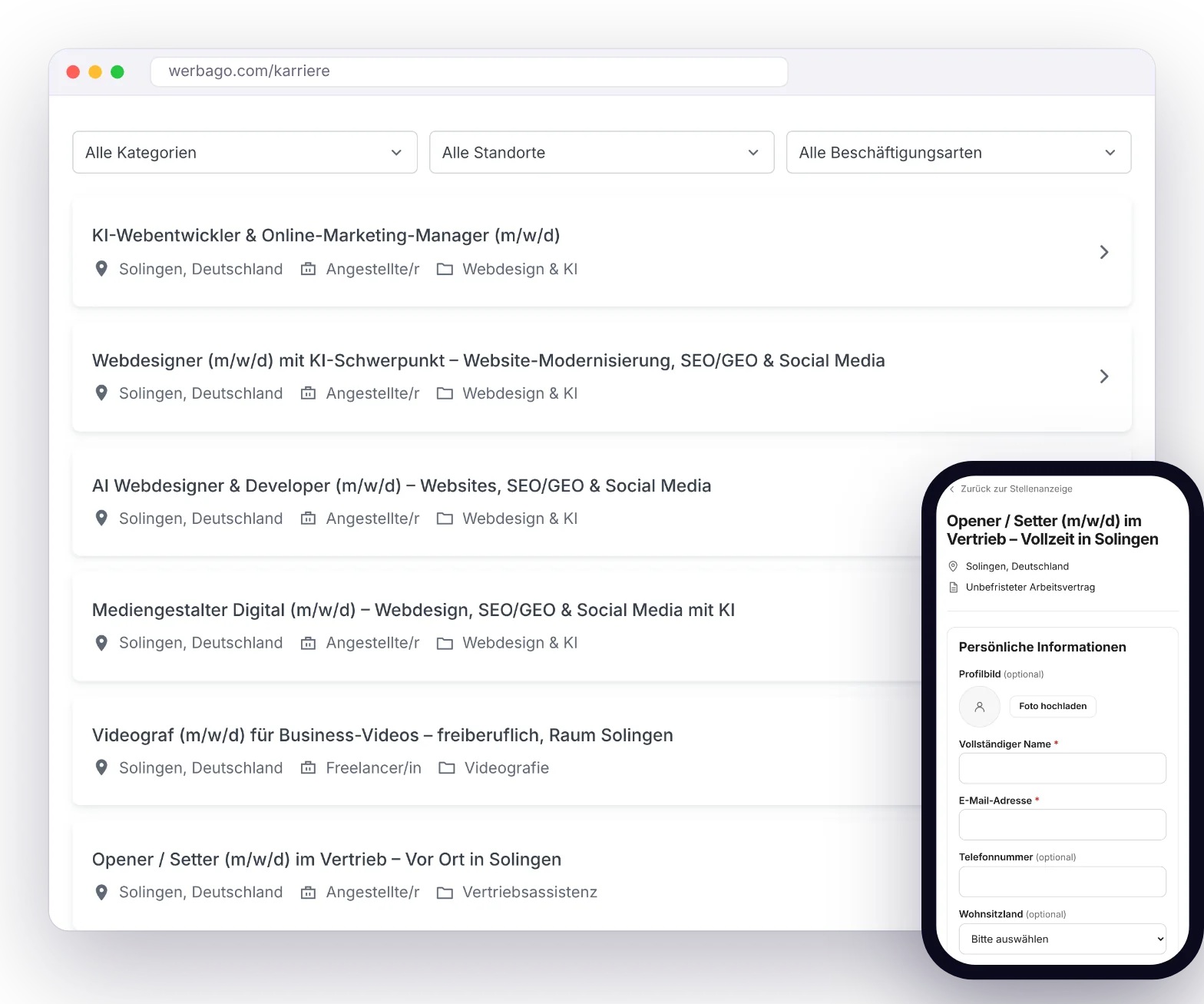 Karriereseite mit Stellenliste und mobiler Schnellbewerbung
